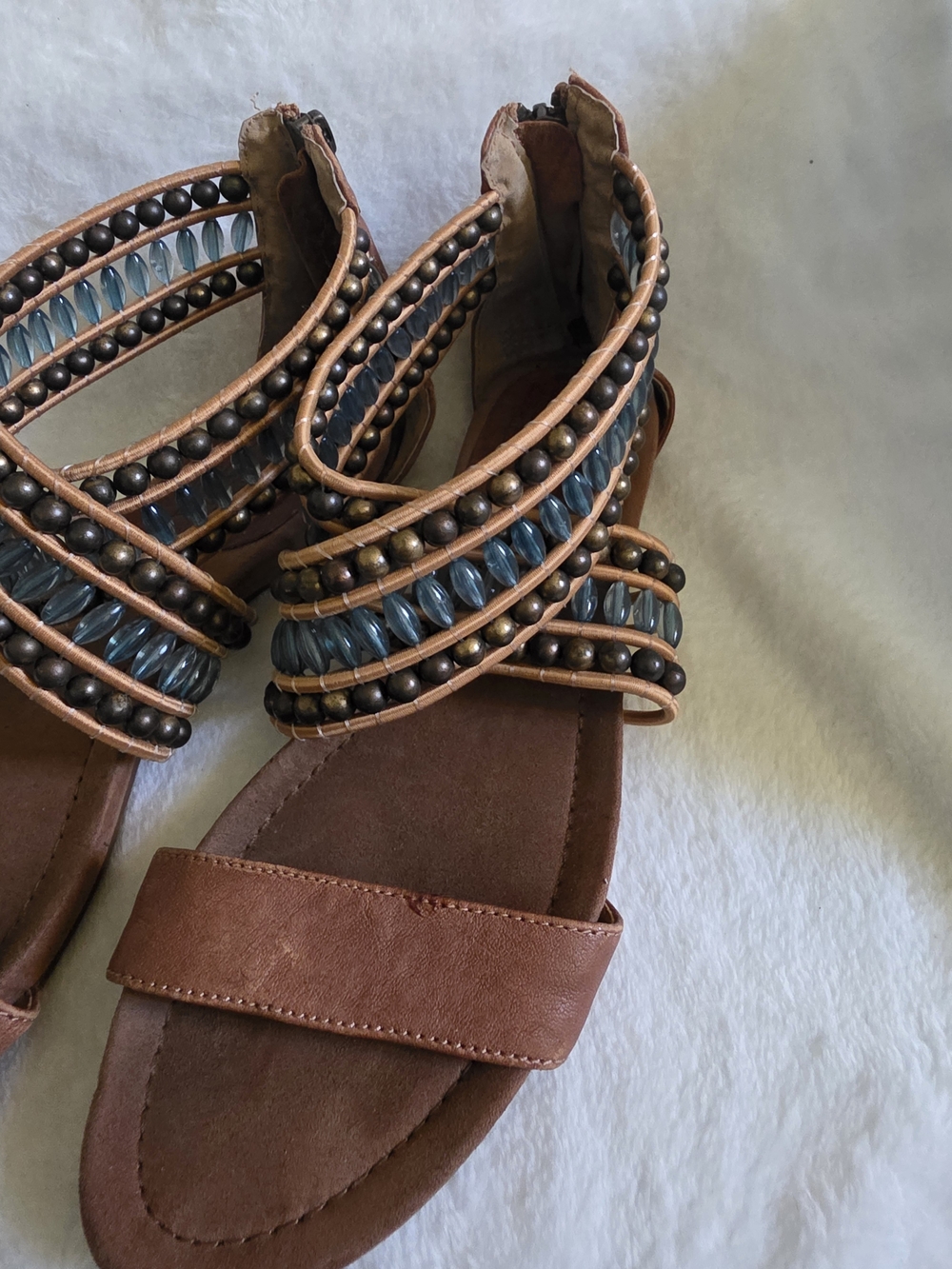 Nine West Vintage America Boho Beaded Gladiator Sandals Brown